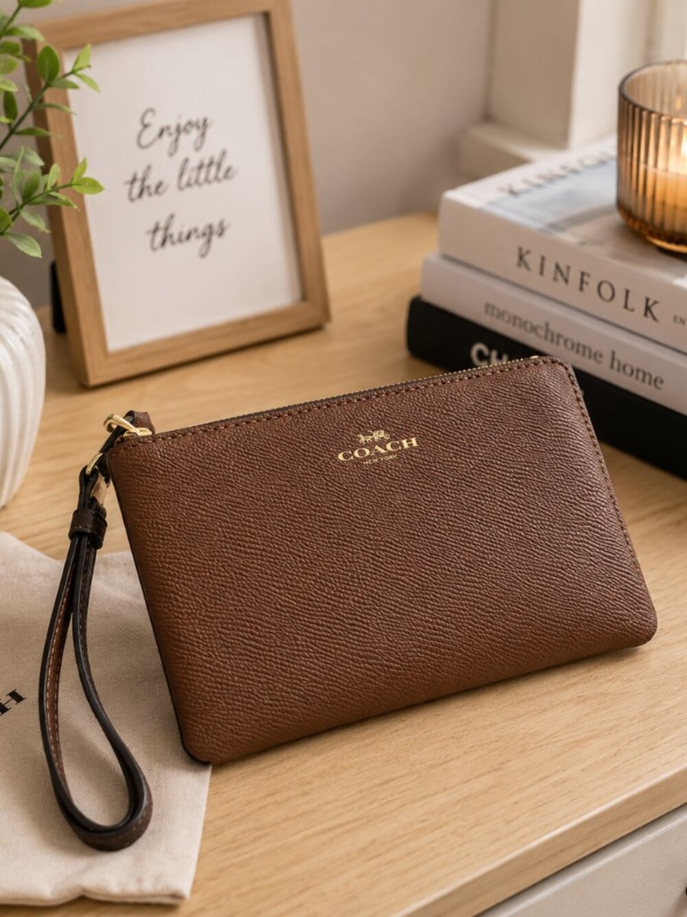 Coach Brown Pebbled Leather Wristlet Clutch NWT
